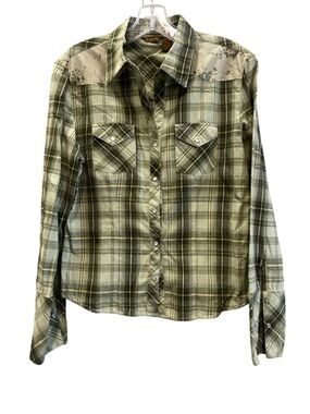100% Cotton Copper Key Olive Green Plaid Button-Down Western Shirt